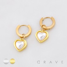 PAIR OF HEART WITH WITH A WHITE PEARLESCENT INLAY DANGLE 316L SURGICAL STEEL HUGGIE/HOOP EARRINGS 
